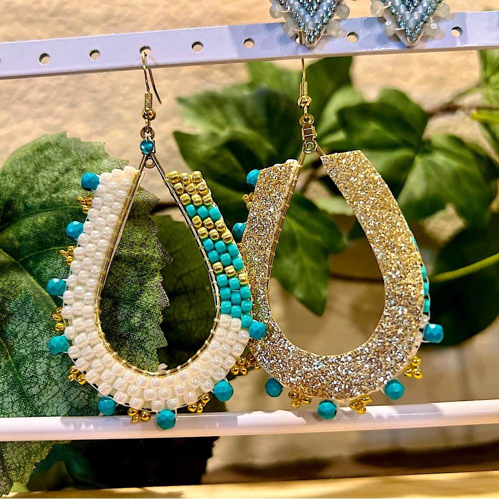 White Gold & Turquoise Seed Bead Hoop Earrings